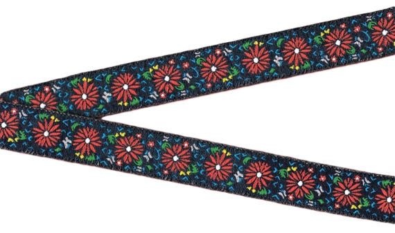 FLORAL F-36-A Jacquard Ribbon Poly Trim, 15/16" wide (24mm) Navy w/Red Flowers, Beige Butterflies