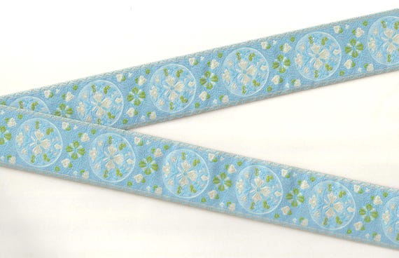 FLORAL H-31-G Jacquard Ribbon Polyester Trim 1-1/2" wide (38mm) Blue w/Medallion Design in Ivory/Blue & Olive