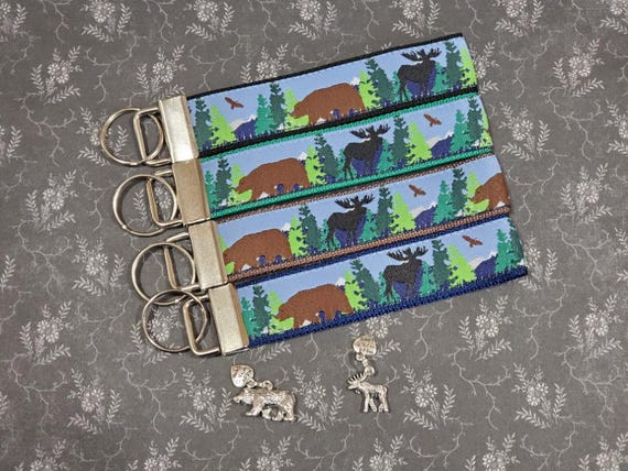 Jacquard Ribbon/Nylon Web 1" wide (25mm) Key Fobs, Brown Bear/Black Moose w/Charms, Keychain, Wristlet, Luggage Tags 5.5" long, Zipper Pulls