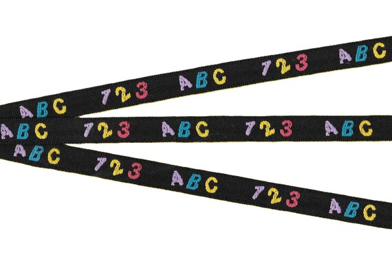 CHILDREN's B-01-A Jacquard Ribbon Cotton Trim, 1/2" Wide (13mm) Black w/ABC/1-2-3 Pattern