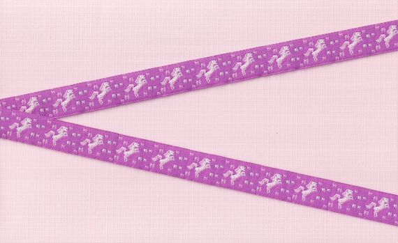 CHILDREN's Fairy Tales C-12-A Jacquard Ribbon Poly Trim 5/8" wide (16mm) Purple Background with Stars and Pink & White Unicorns