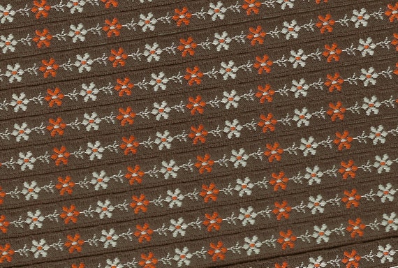 FLORAL A-92-A Jacquard Ribbon Cotton Trim 3/8" wide (9mm) Brown Background w/Orange & Ivory Flowers, Ivory Accents