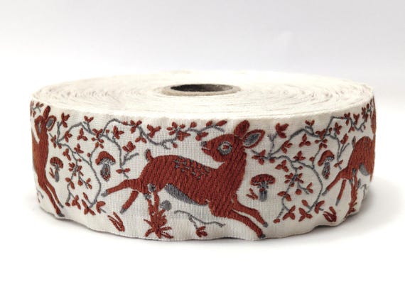 KAFKA G-35/07 Jacquard Ribbon Organic Cotton Trim 1-1/4" wide (32mm) Ivory w/Rust-Brown Fawns