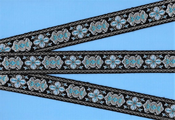 METALLIC F-14-C Jacquard Ribbon Polyester Trim, 1" Wide (25mm) Black w/Lt Blue/Turquoise Floral Design, Metallic Silver Accents