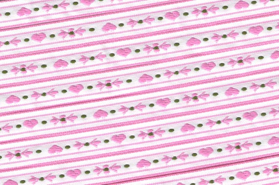 HEARTS/FLOWERS B-01-B Jacquard Ribbon Poly Trim, 1/2" Wide (13mm) White Background w/Pink Borders & Flowers, Green Dots