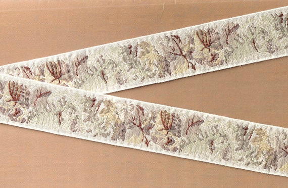 FLORAL TAPESTRY H-03-A Jacquard Ribbon Cotton Trim 1-1/2" wide (38mm) VINTAGE Cream w/Muted Shades of Brown, Tan & Burgundy Autumn Leaves