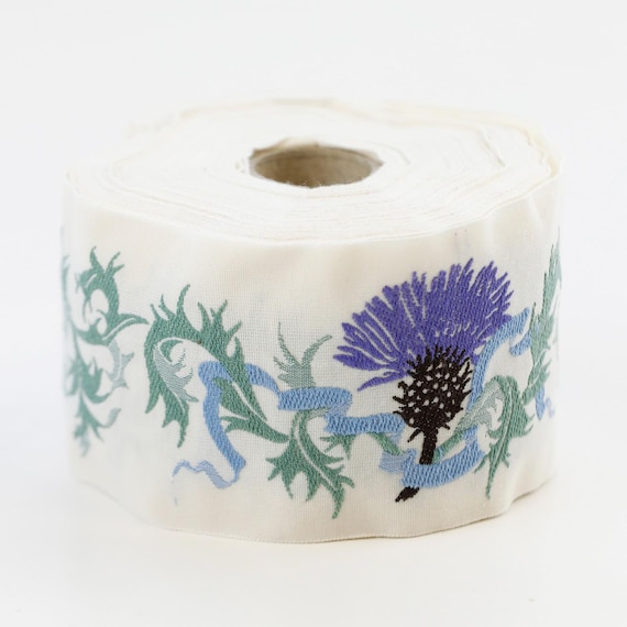 KAFKA K-01/01 Jacquard Ribbon Woven Organic Cotton Trim 2" wide (50mm) Ivory w/Purple Thistles, Blue Ribbons & 2-Tone Green Leaves
