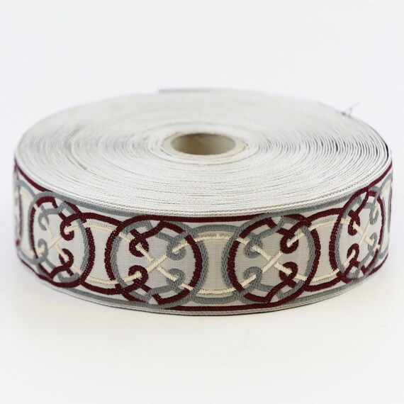 KAFKA G-11/02 Jacquard Ribbon Woven Organic Cotton Trim 1-1/4" wide (32mm) Beige w/Dk Burgundy, Gray & Ivory Celtic Rope Circles
