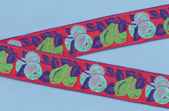 NOVELTY/Fruit K-01-A Jacquard Ribbon Cotton Trim 2" wide (50mm) Vintage French Country Red Linen w/Green Pears & Blueberries