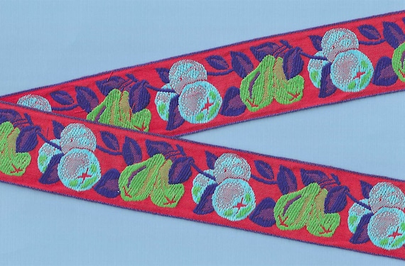 NOVELTY/Fruit K-01-A Jacquard Ribbon Cotton Trim 2" Wide (50mm) VINTAGE French Country Red Linen w/Green Pears & Blueberries, Per Yard