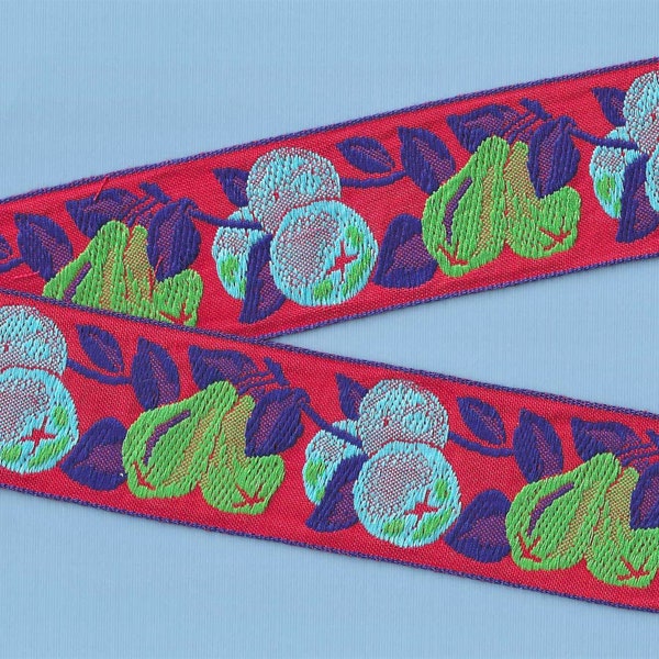 NOVELTY/Fruit K-01-A Jacquard Ribbon Cotton Trim 2" Wide (50mm) VINTAGE French Country Red Linen w/Green Pears & Blueberries, Per Yard