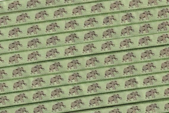 ANIMALS/Wildlife A-01-B Jacquard Ribbon Poly Trim 3/8" wide (9mm) VINTAGE Made in France Tan Elephants Brown Accents on Pale Green