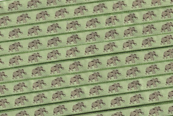 ANIMALS/Wildlife A-01-B Jacquard Ribbon Poly Trim 3/8" wide (9mm) VINTAGE Made in France Tan Elephants Brown Accents on Pale Green