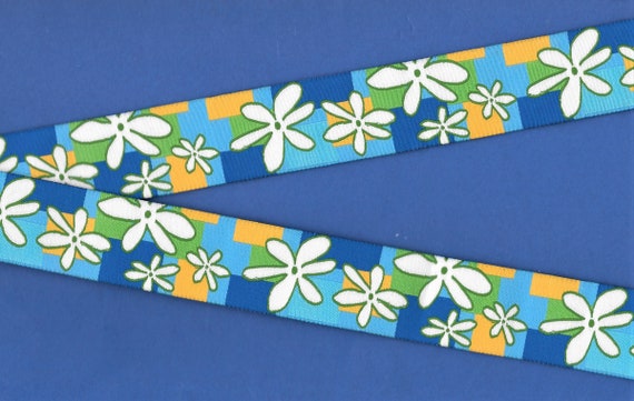 FLORAL G-116-A Jacquard Ribbon Poly Trim 1-1/8" wide (28mm) Douglas Paquette "Mosaic Floral" Daisies on Yellow/Turq/Blue/Green, Per Yard