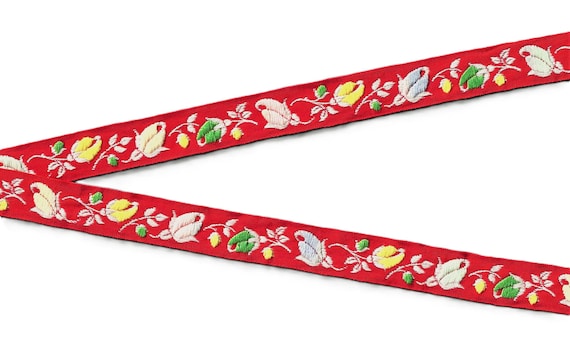 FLORAL C-06-C Jacquard Ribbon Cotton Trim 5/8" wide (16mm) Made in France, Red w/Blue, Mint, Yellow & Pink Flowers