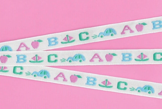 CHILDREN's C-17-A Jacquard Ribbon Polyester Trim, 5/8" Wide (16mm) White w/Pink, Blue, Mint ABC Design, Apples, Sailboats & Cars