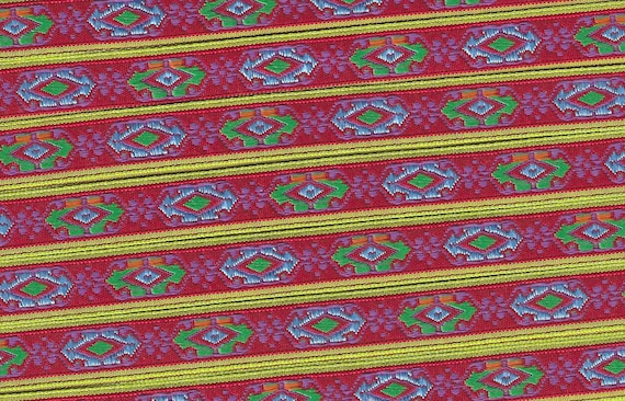 GEOMETRIC B-24-A Jacquard Ribbon Poly Trim 9/16" wide (14mm) VINTAGE Red w/Lime, Blue, Green & Orange