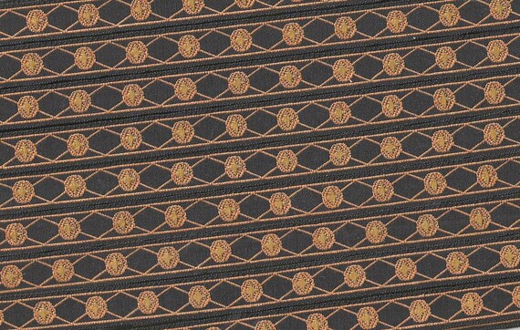 KAFKA A-17/17 Jacquard Ribbon Organic Cotton Woven Trim 7/16" wide (10mm) Black Background w/Warm Caramel Lines & Ovals, Gold Center Accents