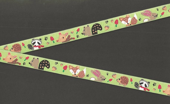 CHILDREN's C-15-H Jacquard Ribbon Poly Trim 5/8" Wide (16mm) From France, Green Background w/Woodland Animals