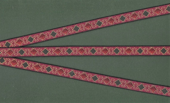 GEOMETRIC B-21-B Jacquard Ribbon Polyester Trim 1/2" wide (13mm) Made in France, Rose Plum w/Red & Olive Green Diamond Design
