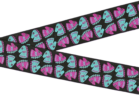 VINTAGE NOVELTY K-14-A Jacquard Ribbon Cotton Trim 2" wide (50mm) Black w/Purple & Turquoise Chess Pieces
