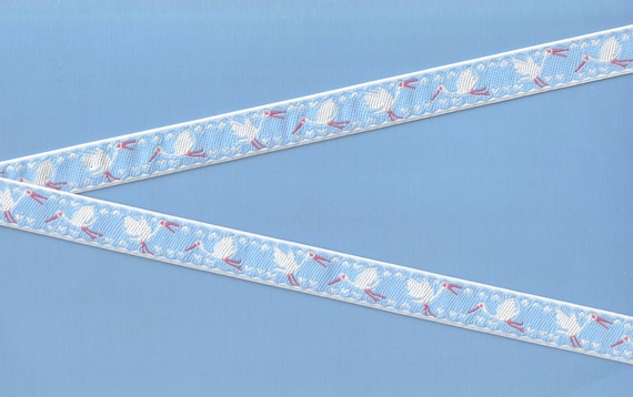 CHILDREN's C-10-C Jacquard Ribbon Poly Trim 5/8" wide (16mm) Made in France, Lt Blue w/White Borders, Flying Storks & Hearts, Red Accents