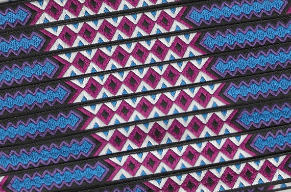 NATIVE AMERICAN  A-03-D Jacquard Ribbon Poly Trim 7/16" wide (12mm) Black Background w/Plum, Blue, Purple & White Diamond Design