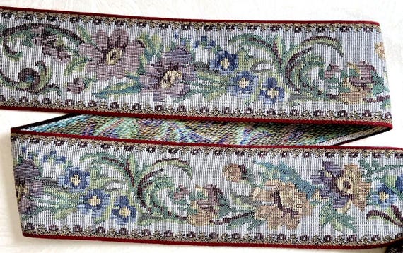 FLORAL TAPESTRY M-09-A Jacquard Ribbon Cotton Trim 2-5/8" wide (67mm) VINTAGE Gray Background w/Blue, Beige, Plum Flowers, Green Leaves