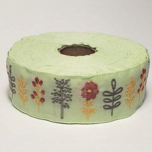 KAFKA F-12/03 Jacquard Ribbon Woven Organic Cotton Trim 1&quot; wide (25mm) Lime Green w/Red & Yellow Flowers, Taupe Stems/Leaves