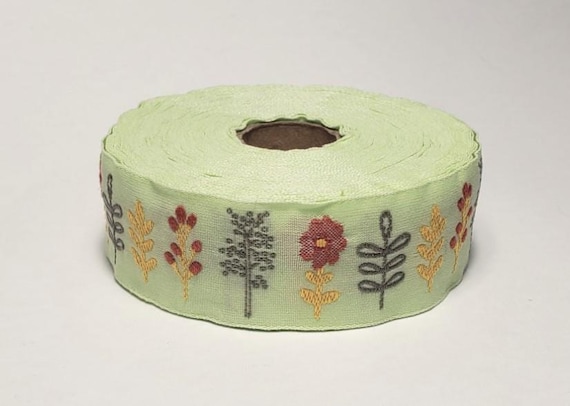KAFKA F-12/03 Jacquard Ribbon Woven Organic Cotton Trim 1" wide (25mm) Lime Green w/Red & Yellow Flowers, Taupe Stems/Leaves