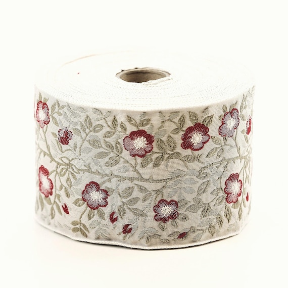KAFKA L-01/29 Jacquard Ribbon Organic Cotton Trim 2-3/8" wide (60mm) Beige w/Red Dog Roses