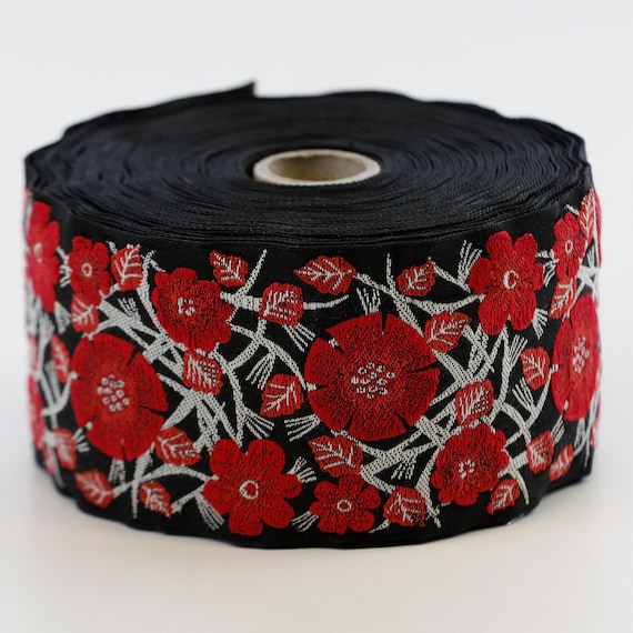 KAFKA L-02/10 Jacquard Ribbon Woven Organic Cotton Trim 2-3/8" wide (60mm) Black Background w/Large Red Poppies, Gray Leaves & Stems