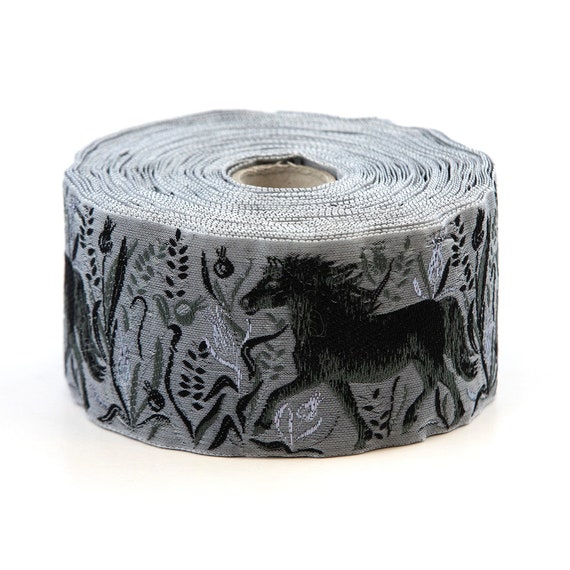 KAFKA K-06/04 Jacquard Ribbon Woven Organic Cotton Trim 2" wide (50mm) Gray, Black/Gray Horses & Grasses w/Metallic Silver Accents