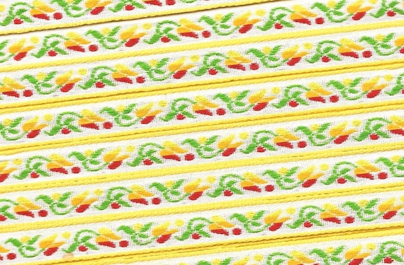 FLORAL B-10-A Jacquard Ribbon Rayon/Poly Trim 1/2" Wide (13mm) Yellow Border Yellow/Orange/Red Tulips Green Leaves on White