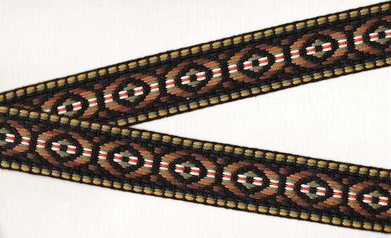 NATIVE AMERICAN H-10-B Jacquard Ribbon Cotton Trim, 1-3/8" Wide (34mm) REVERSIBLE, Black w/Brown, Olive, Gold  & Orange Accents, Per Yard