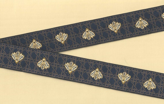 INSECTS G-03-A Jacquard Ribbon Polyester Trim 1-1/4" wide (32mm) Navy Blue w/Brown Honeycomb & Beige Bees, Yellow Accents