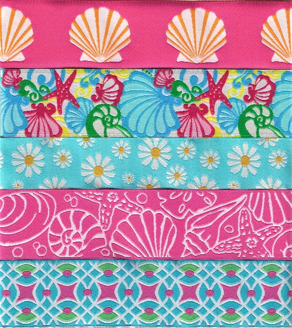 RIBBON PAK-92 Jacquard Ribbon Woven Polyester Trims 1yd length of 5 Designs in White, Pink, Green & Turquoise, Daisies and Seashells
