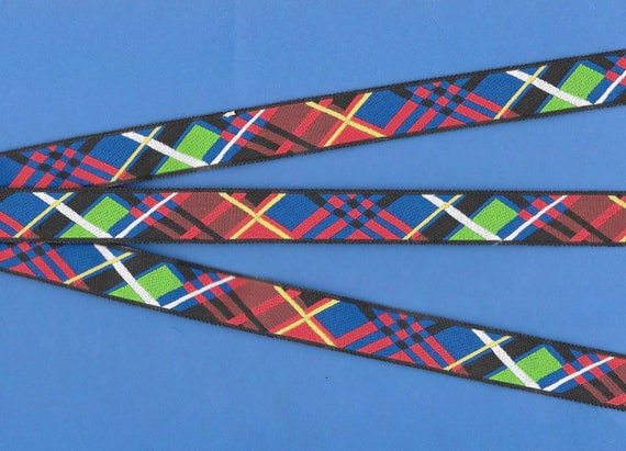 GEOMETRIC C-40-A Jacquard Ribbon Poly Trim 5/8" Wide (16mm) Black Background, Royal Blue, Green, White, Red & Yellow Plaid Design, Per Yard