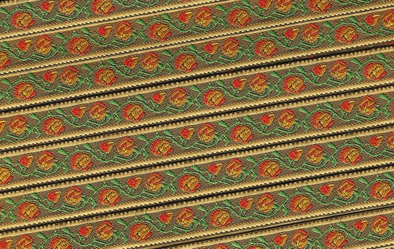 FLORAL B-43-E Jacquard Ribbon Poly Trim 1/2" wide (13mm) Dk Tan Background/Lt Tan Borders w/Orange & Yellow Flowers, Green Vines/Leaves