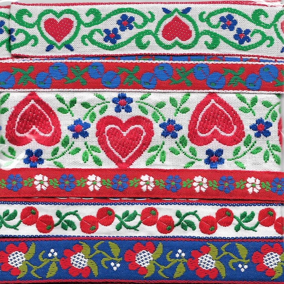 RIBBON PAK-64 Jacquard Ribbon Woven Cotton Trim 1yd each of 6 Floral and Heart Ribbon Designs in Red, Blue, Green, White