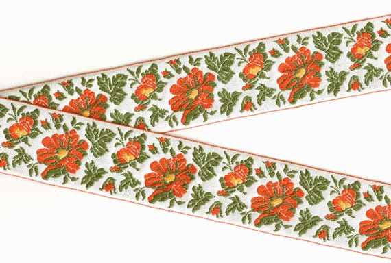 FLORAL J-22-D Jacquard Ribbon Cotton Trim 2" wide (50mm) VINTAGE White w/Large Orange Flowers