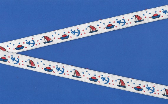 CHILDREN's NAUTICAL C-17 Jacquard Ribbon Poly Trim 5/8" Wide, VINTAGE, White Background Navy & Red Dots w/Sailboats Anchors Hats, Per Yard