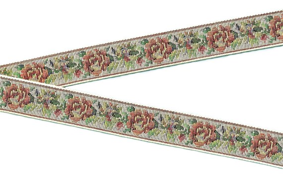 FLORAL TAPESTRY F-21-D Jacquard Ribbon Cotton Woven Trim 1-1/8" wide (28mm) "Petit Point" Floral Design in Cream, Peach & Green