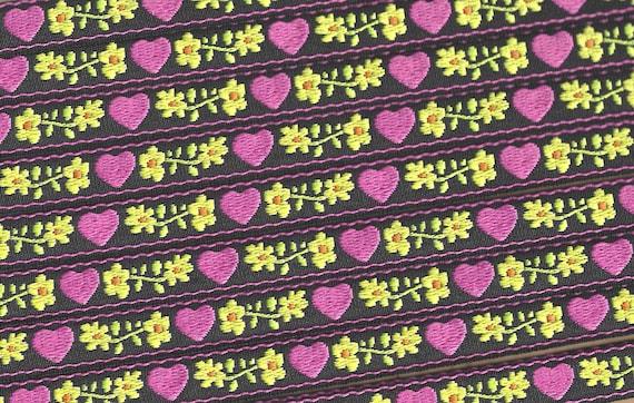 HEARTS/FLOWERS C-02-G Jacquard Ribbon Cotton Trim 5/8" wide (16mm) Made in France, Black w/Pink Hearts, Yellow Flowers