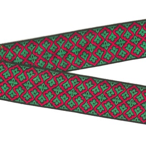 Nastro in cotone Jacquard HOLIDAY K-06-A, larghezza 2" (50 mm), VINTAGE, prodotto in Germania Ovest, nero con motivo "Fleur di Lis" rosso e verde, tagliato su misura