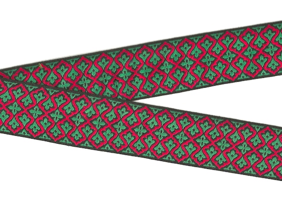 HOLIDAY K-06-A Jacquard Ribbon Cotton Trim 2" Wide (50mm) VINTAGE Made in West Germany Black w/Red & Green "Fleur di Lis" Design, Per Yard