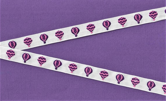 CHILDREN's C-21-A Jacquard Ribbon Cotton Trim 5/8" Wide (16mm) White Background w/Pink & Purple Hot Air Balloons