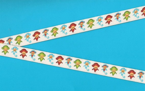 ANIMALS/Wildlife C-04-A Jacquard Ribbon Poly Trim 5/8" Wide (16mm) Ivory w/Blue, Green & Brown Monkeys "Jumping on the Bed!" Per Yard