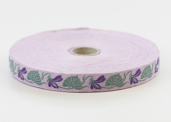 KAFKA C-01/04 Jacquard Ribbon Woven Organic Cotton Trim 5/8" wide (16mm) Lilac Background w/Purple "Violets" & Green Leaves, Per Yard