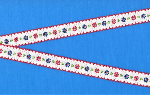 FLORAL D-18-A Jacquard Ribbon Cotton Trim 3/4" wide (20mm) Heirloom Style in White Linen w/Red Picot Edge, Red & Blue Flowers, Green Leaves